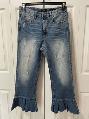 Buffalo David Bitton Cropped Flair Distressed Light Blue Ruffle-Hem Jeans